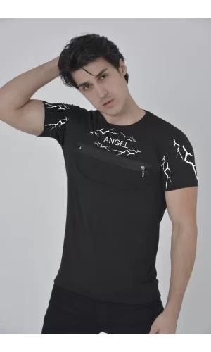 Luz&Pos Unisex Göğüs Fermuarlı Baskılı T-shirt - Siyah