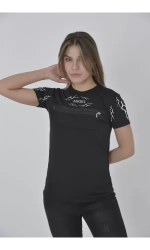 Luz&Pos Unisex Göğüs Fermuarlı Baskılı T-shirt - Siyah