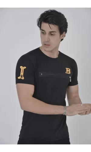 Luz&Pos Unisex Göğüs Fermuarlı Baskılı T-shirt - Siyah
