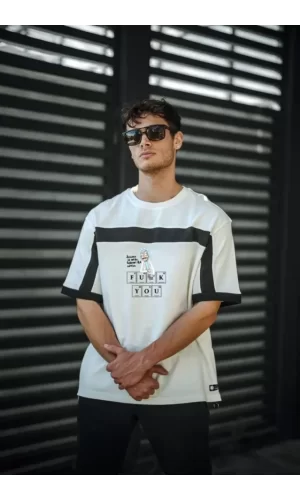 Unisex İki Yandan Fermuarlı Parçalı Baskılı Oversize T-shirt - Beyaz