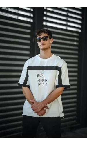 Luz&Pos Unisex İki Yandan Fermuarlı Parçalı Baskılı Oversize T-shirt - Beyaz