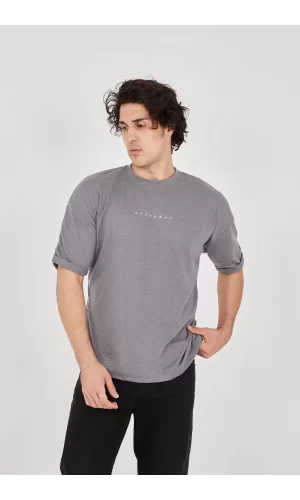 Luz&Pos Unisex Jakar Kumaş Rahat Kol T-shirt - Gri