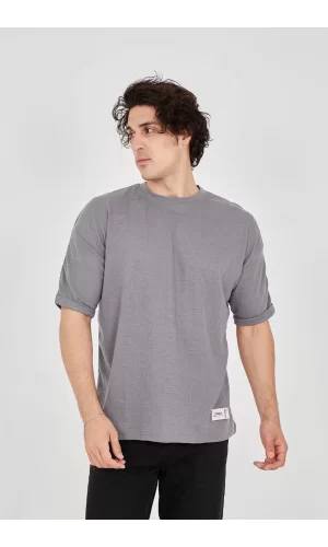 Luz&Pos Unisex Jakar Kumaş Rahat Kol T-shirt - Gri