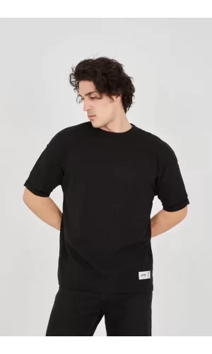 Unisex Jakar Kumaş Rahat Kol T-Shirt - Siyah