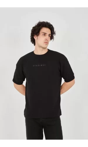Unisex Jakar Kumaş Rahat Kol T-Shirt - Siyah