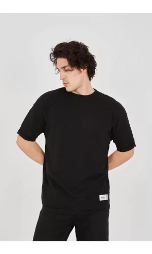 Luz&Pos Unisex Jakar Kumaş Rahat Kol T-shirt - Siyah