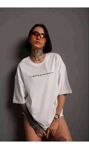 Luz&Pos Unisex Kadın Bisiklet Yaka Baskılı T-shirt - Beyaz