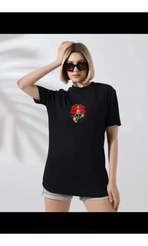 Luz&Pos Unisex Kadın Bisiklet Yaka Baskılı T-shirt - Siyah