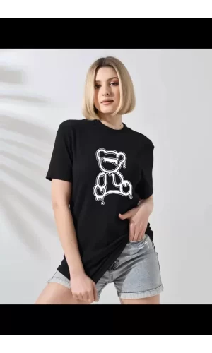 Luz&Pos Unisex Kadın Bisiklet Yaka Baskılı T-shirt - Siyah