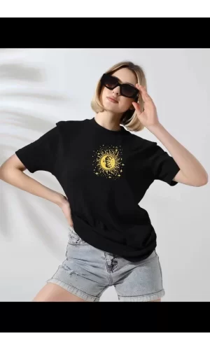 Luz&Pos Unisex Kadın Bisiklet Yaka Baskılı T-shirt - Siyah