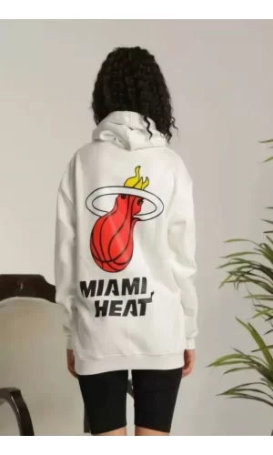 Unisex Kapşonlu Baskılı Sweetshirt - Beyaz