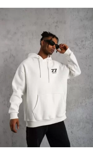 Luz&Pos Unisex Kapşonlu Baskılı Sweetshirt - Beyaz