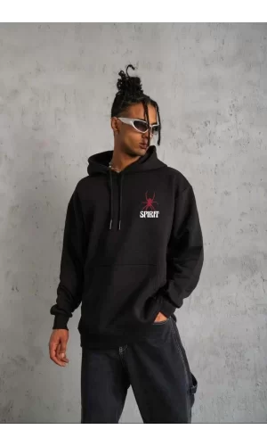 Luz&Pos Unisex Kapşonlu Baskılı Sweetshirt - Siyah