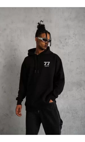 Luz&Pos Unisex Kapşonlu Baskılı Sweetshirt - Siyah
