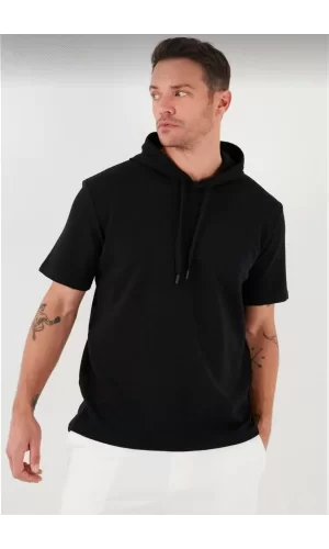 Luz&Pos Unisex Kapşonlu Kısa Kol Düz Oversize T-shirt - Siyah