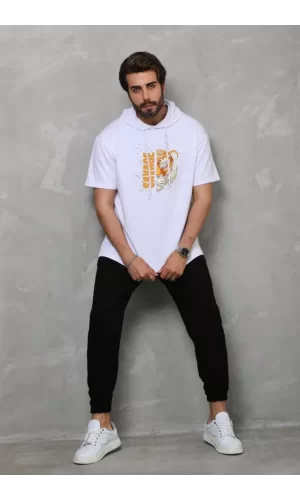 Unisex Kapşonlu Kısa Kol Oversize Baskılı T-Shirt - Beyaz