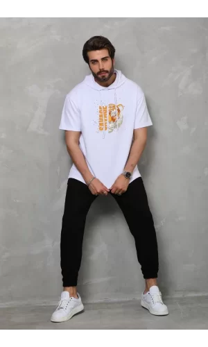 Luz&Pos Unisex Kapşonlu Kısa Kol Oversize Baskılı T-shirt - Beyaz