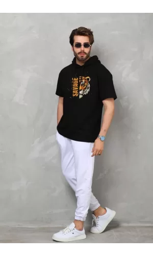 Luz&Pos Unisex Kapşonlu Kısa Kol Oversize Baskılı T-shirt - Siyah