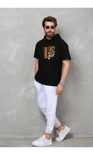 Unisex Kapşonlu Kısa Kol Oversize Baskılı T-Shirt - Siyah