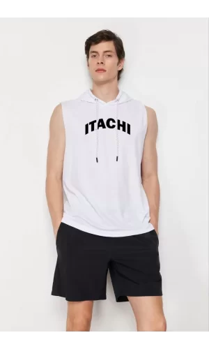 Luz&Pos Unisex Kapşonlu Kolsuz Baskılı Oversize T-shirt - Beyaz