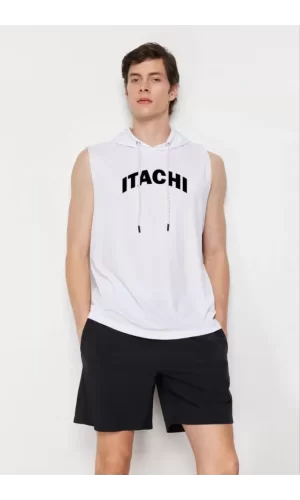 Unisex Kapşonlu Kolsuz Baskılı Oversize T-shirt - Beyaz