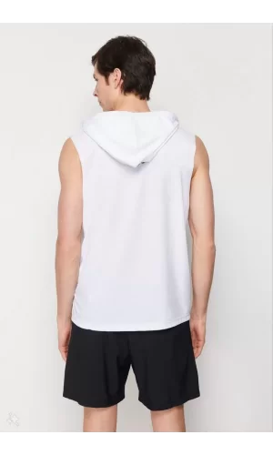 Luz&Pos Unisex Kapşonlu Kolsuz Düz Oversize T-shirt - Beyaz