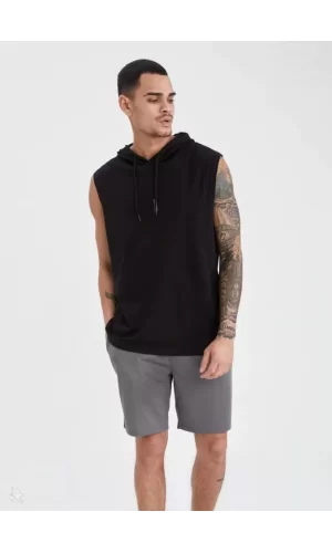 Unisex Kapşonlu Kolsuz Düz Oversize T-shirt - Siyah