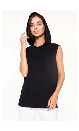 Luz&Pos Unisex Kapşonlu Kolsuz Düz Oversize T-shirt - Siyah