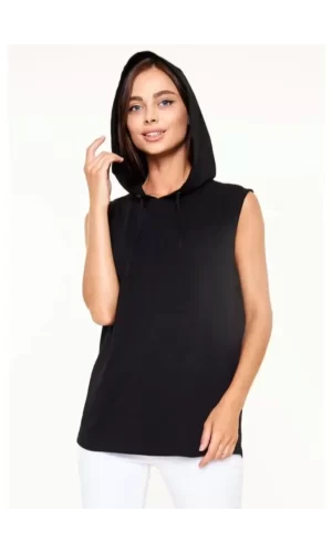 Unisex Kapşonlu Kolsuz Düz Oversize T-shirt - Siyah