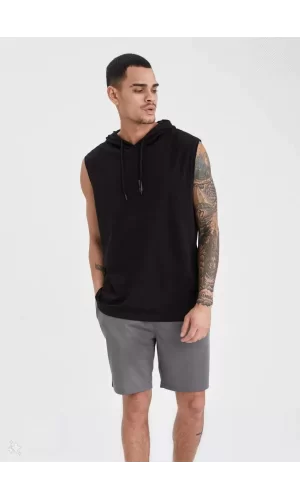 Luz&Pos Unisex Kapşonlu Kolsuz Düz Oversize T-shirt - Siyah