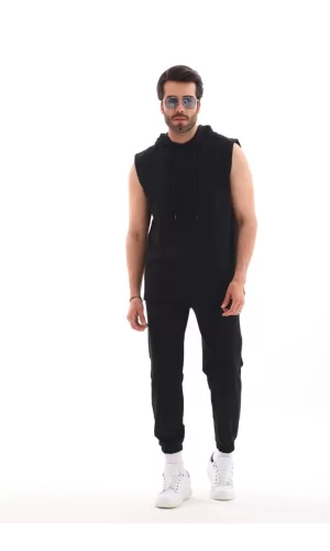 Luz&Pos Unisex Kapşonlu Kolsuz Eşofman Takımı- Siyah