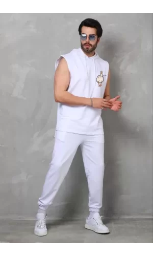 Unisex Kapşonlu Kolsuz Oversize Baskılı Tişört - Beyaz