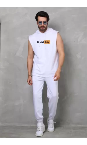 Unisex Kapşonlu Kolsuz Oversize Baskılı Tişört - Beyaz