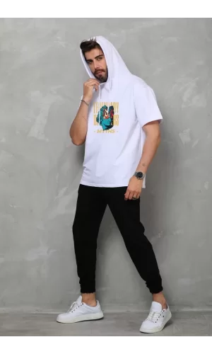 Luz&Pos Unisex Kapşonlu Kolsuz Oversize Baskılı Tişört - Beyaz