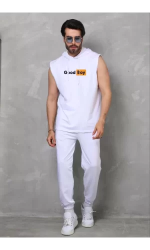 Luz&Pos Unisex Kapşonlu Kolsuz Oversize Baskılı Tişört - Beyaz