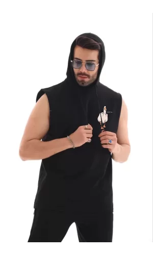 Luz&Pos Unisex Kapşonlu Kolsuz Oversize Baskılı Tişört - Siyah