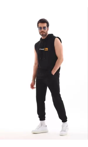 Luz&Pos Unisex Kapşonlu Kolsuz Oversize Baskılı Tişört - Siyah