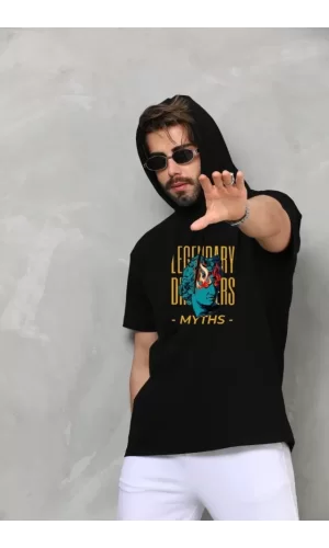 Unisex Kapşonlu Kolsuz Oversize Baskılı Tişört - Siyah