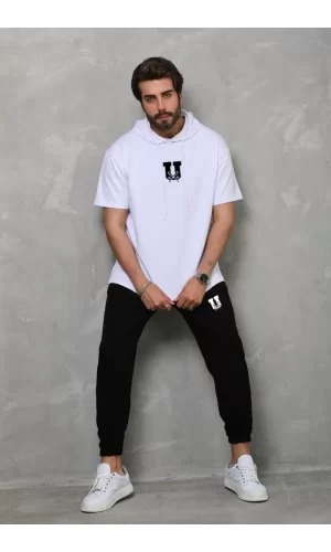 Luz&Pos Unisex Kapşonlu Oversize T-shirt Takım - Beyaz