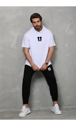 Unisex Kapşonlu Oversize T-Shirt Takım - Beyaz