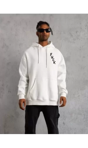 Luz&Pos Unisex Kapşonlu Uzun Kol Baskılı Sweetshirt - Beyaz