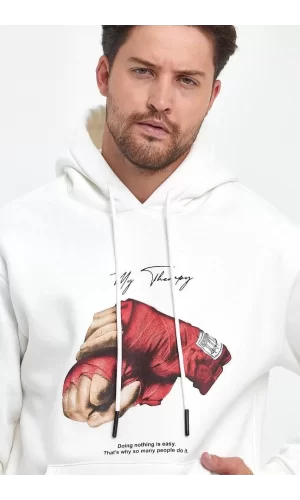 Luz&Pos Unisex Kapüşonlu Üç İplik Oversize Baskılı Sweatshirt - Beyaz