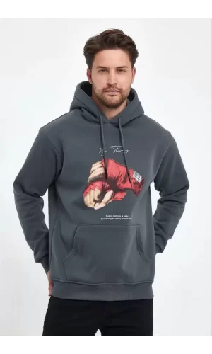 Luz&Pos Unisex Kapüşonlu Üç İplik Oversize Baskılı Sweatshirt - Gri