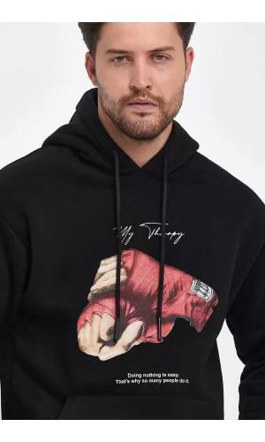 Luz&Pos Unisex Kapüşonlu Üç İplik Oversize Baskılı Sweatshirt - Siyah