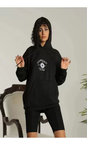 Luz&Pos Unisex Kapüşonlu Üç İplik Oversize Baskılı Sweatshirt - Siyah