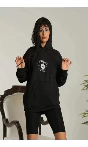 Unisex Kapüşonlu Üç İplik Oversize Baskılı Sweatshirt - Siyah