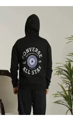 Luz&Pos Unisex Kapüşonlu Üç İplik Oversize Baskılı Sweatshirt - Siyah