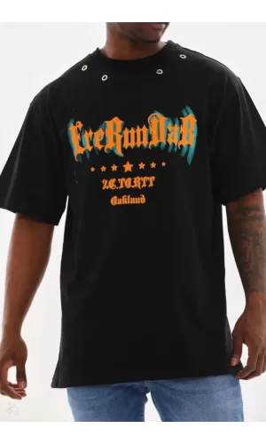 Unisex Kuşgözü Detaylı Baskılı Oversize T-Shirt - Siyah
