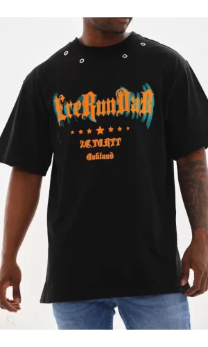 Luz&Pos Unisex Kuşgözü Detaylı Baskılı Oversize T-shirt - Siyah