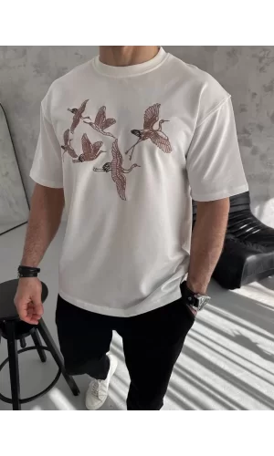 Luz&Pos Unisex Nakış İşlemeli T-shirt - Beyaz